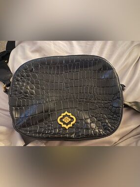 orYANY Black Croc Embossed Leather Camera Crossbody Bag Gold Hardware